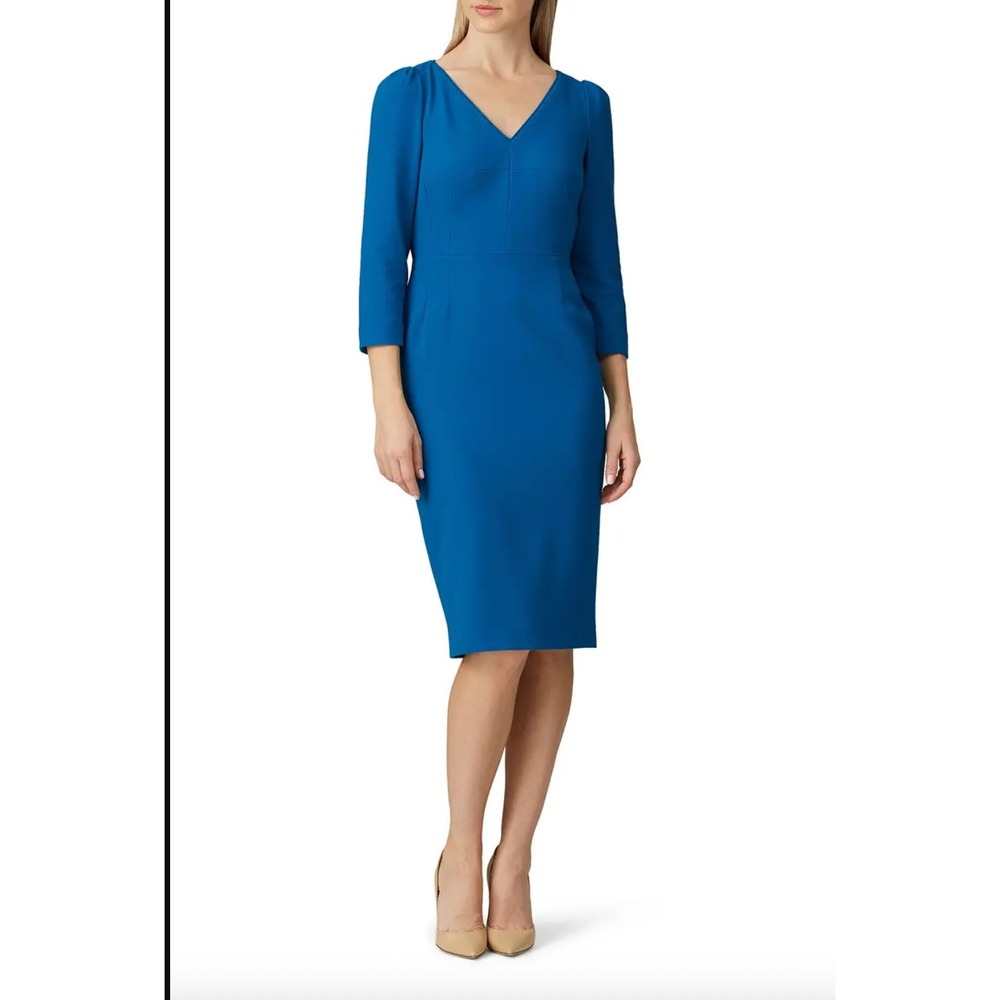 LK Bennett Mai Dress US 4 Turquoise Signature Crepe V-Neck Sheath UK 8